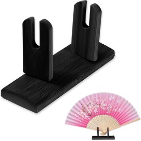 DOERDO Folding Japanese Fan Holder Handy Fan Display Holder Wood Fan Stand,Hand Fan Stand Decorative, Black, 4.5x1.3x2.3Inch