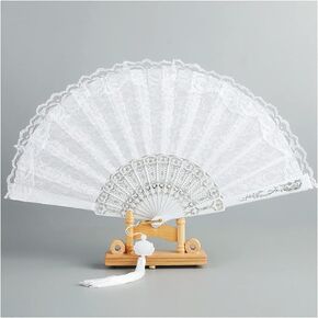 White Lace Hand Folding Fan Bridal Dancing Props Floral Handheld Fan for Women Wedding Décor or Party Dess-up Favors