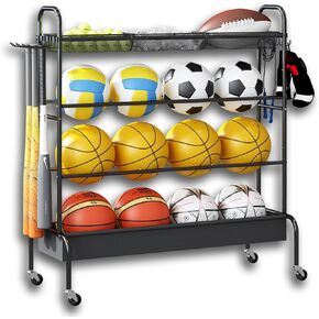 Basketball Rack, Rolling Basketball Shooting Training Stand,Garage Sport Equipment Storage, 4 Tier Ball Organizer Holder with 3 Nasket and Wheels for Basketballs Footballs Volleyball,Black in Kuwait