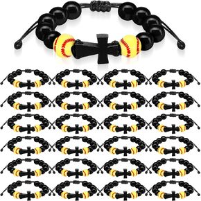 24 Pcs Soccer Bracelets Rosary Football Beaded Charm Bracelets with Wood Cross Pendant Adjustable Soccer Bracelet for Teens Sport Team Players Soccer Gifts