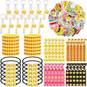 110 Pcs Softball Party Favors Set Softball Stickers Softball Keychains Softball Charm Bracelets Adjustable Wristbands Softball Hair Ties Softball Gifts Party Supplies for Girls Sports Team