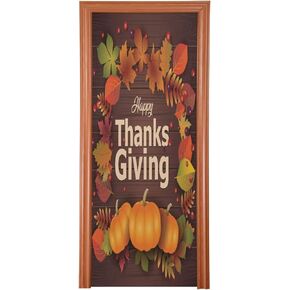 Kigai Happy Thanksgiving Pumpkin Door Cover High Elastic Fabric Doors Covering for Home Decorations Front Door or Indoor Home 35x79inch