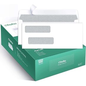 Ohuhu 500 Pack # 8 Double Window Envelope SELF SEAL Adhesive Tinted Security Envelopes Quickbooks Check, Business Check, Documents Secure Mailing, 3 5/8" x 8 11/16", White Envelope