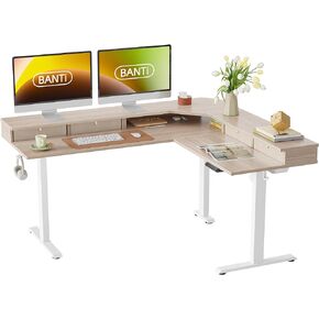 BANTI مكتب قائم كهربائي على شكل حرف L، مكتب وقوف بارتفاع قابل للتعديل 48 بوصة مع حامل شاشة، مكتب مكتب منزلي للجلوس مع سطح أبيض in Kuwait
