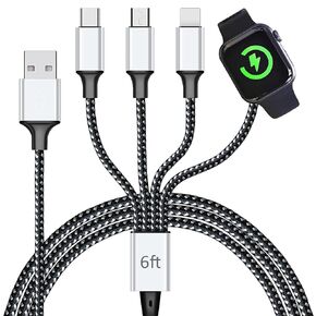 Multi Charging Cable for Apple Watch, Magnetic Wireless Charger, 4 in 1 Nylon Braided Cord for Multiple Devices, USB C/Micro Port/Compatible with iWatch Series 9-1/iPhone/Galaxy and Android-6FT