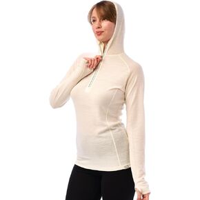 Merino.tech قميص بغطاء للرأس من صوف ميرينو للنساء - 100% طبقة أساسية من صوف ميرينو للنساء بنصف سحاب خفيف الوزن حراري بأكمام طويلة
