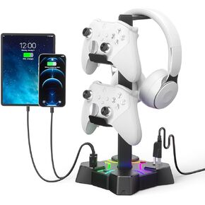 KDD RGB Headphone Stand with USB Charger, Controller Stand for Desk, Headphone Holder with 2 USB Charging Ports and 3 AC Outlets, Accessories for Desktop(Black)