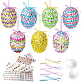 16PCS Easter Tree Ornaments, Foam Easter Eggs Hanging Decorations Craft Kit, DIY Glitter Gem Easter Eggs with Ribbons for Basket Stuffers Fillers & Home Decor Party Favors