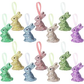 14 PCS Easter Foam Glitter Rabbit Ornament-Easter Colored Bunny Hanging Ornament for Easter Party Supplies DIY Decoration Gift