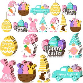 24 Pieces Happy Easter Wooden Ornaments for Tree Embellishments Easter Egg Gnome Bunny Carrot Basket Wooden Hanging Ornaments Spring Easter Wooden Slice for Easter Party Decorations(Bunny)