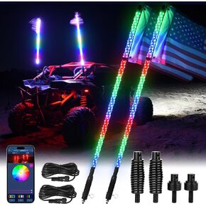 MICTUNING 2pc 3ft W1 Spiral LED Whip Lights with Flag, APP Control with RGB+IC Dream Flow Chasing Mode Multi-Colors Lighted Whips Compatible with ATV UTV RZR Trucks Dunes