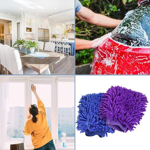 مجموعة 2 في 1 قفاز غسيل من الألياف الدقيقة من شانيل - قفازات مزدوجة الجانب قابلة لإعادة الاستخدام للتنظيف، خالية من الخدوش، تنطبق على تنظيف السيارة (9.84 × 6.69 بوصة، أزرق داكن أرجواني) in Kuwait