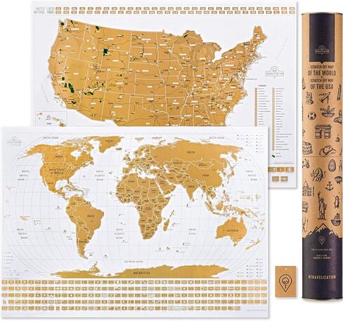 Scratch Off Travel Map World & United States National Parks 2 in 1 - Large 24x17 Quality Laminated Poster Paper - World & USA Wall Posters w/Flags, Art Coloring Pages & Scratch Tool - Traveler Gift in Kuwait