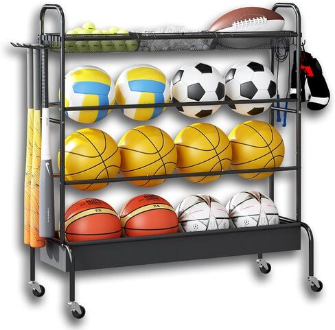 Basketball Rack, Rolling Basketball Shooting Training Stand,Garage Sport Equipment Storage, 4 Tier Ball Organizer Holder with 3 Nasket and Wheels for Basketballs Footballs Volleyball,Black in Kuwait