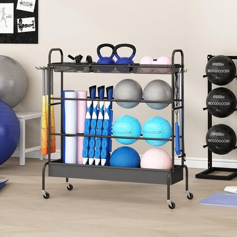 Basketball Rack, Rolling Basketball Shooting Training Stand,Garage Sport Equipment Storage, 4 Tier Ball Organizer Holder with 3 Nasket and Wheels for Basketballs Footballs Volleyball,Black in Kuwait