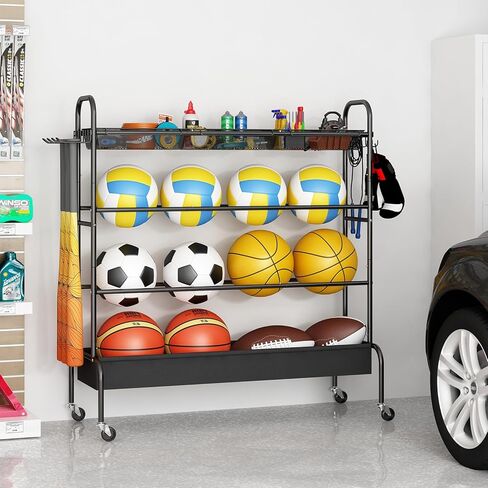 Basketball Rack, Rolling Basketball Shooting Training Stand,Garage Sport Equipment Storage, 4 Tier Ball Organizer Holder with 3 Nasket and Wheels for Basketballs Footballs Volleyball,Black in Kuwait