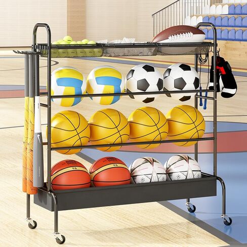 Basketball Rack, Rolling Basketball Shooting Training Stand,Garage Sport Equipment Storage, 4 Tier Ball Organizer Holder with 3 Nasket and Wheels for Basketballs Footballs Volleyball,Black in Kuwait