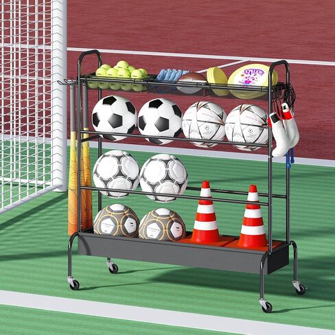 Basketball Rack, Rolling Basketball Shooting Training Stand,Garage Sport Equipment Storage, 4 Tier Ball Organizer Holder with 3 Nasket and Wheels for Basketballs Footballs Volleyball,Black in Kuwait