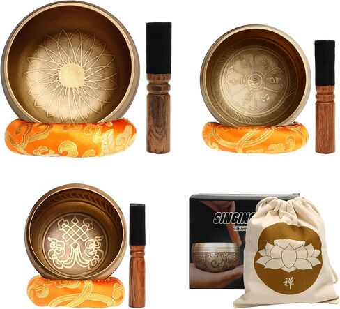 Tibetan Singing Bowl Set - Easy To Play for Beginners - Authentic Handcrafted Mindfulness Meditation Holistic Sound Bowl 7 Chakra Healing Gift by Himalayan Bazaar in Kuwait
