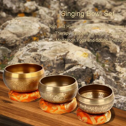 Tibetan Singing Bowl Set - Easy To Play for Beginners - Authentic Handcrafted Mindfulness Meditation Holistic Sound Bowl 7 Chakra Healing Gift by Himalayan Bazaar in Kuwait