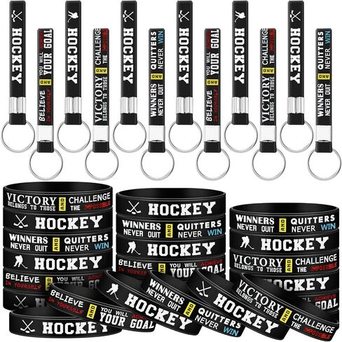 Henoyso 24 Pcs Hockey Bracelets for Boys Field Hockey Gifts Hockey Party Favors Bulk Silicone Motivational Bracelets and Keychain for Sport Themed Hockey Teams Players Fans Gifts in Saudi Arabia