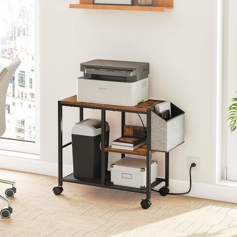 حامل طابعة مع محطة شحن، عربة طابعة ثلاثية الطبقات مع حقيبة جانبية، طاولة طابعة دوارة بعجلات للمكتب المنزلي، رف طابعة للمساحات الصغيرة، بني ريفي PTHR22E01 in Kuwait