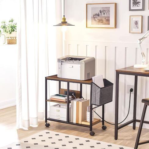 حامل طابعة مع محطة شحن، عربة طابعة ثلاثية الطبقات مع حقيبة جانبية، طاولة طابعة دوارة بعجلات للمكتب المنزلي، رف طابعة للمساحات الصغيرة، بني ريفي PTHR22E01 in Kuwait