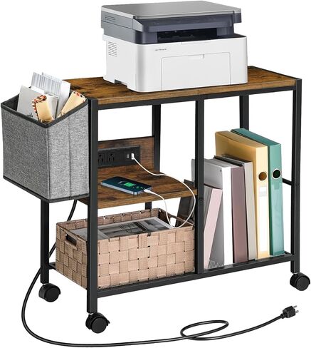 حامل طابعة مع محطة شحن، عربة طابعة ثلاثية الطبقات مع حقيبة جانبية، طاولة طابعة دوارة بعجلات للمكتب المنزلي، رف طابعة للمساحات الصغيرة، بني ريفي PTHR22E01 in Kuwait