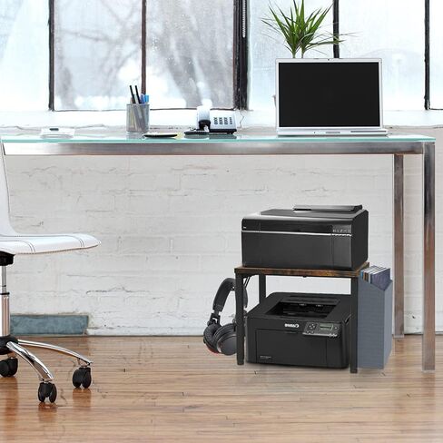 VEDECASA حامل حامل طابعة خشبي أبيض تحت المكتب مع صندوق تخزين وخطاف سماعة الرأس للمكتب المنزلي، منظم متعدد الأغراض رف طابعة سطح المكتب الحديث مع وسادات قابلة للتعديل مضادة للانزلاق (أبيض) in Kuwait