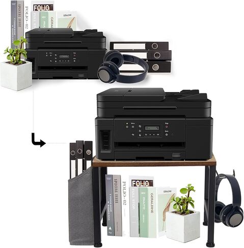 VEDECASA حامل حامل طابعة خشبي أبيض تحت المكتب مع صندوق تخزين وخطاف سماعة الرأس للمكتب المنزلي، منظم متعدد الأغراض رف طابعة سطح المكتب الحديث مع وسادات قابلة للتعديل مضادة للانزلاق (أبيض) in Kuwait