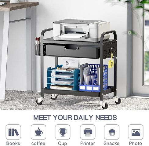 حامل طابعة متنقل من TOOLF بطبقتين تحت المكتب، عربة طابعة دوارة مع سلة تخزين ودرج منظم سطح المكتب، عربة أدوات للمكتب المنزلي ورف فاكس متعدد الأغراض مع عجلة دوارة - أسود in Kuwait