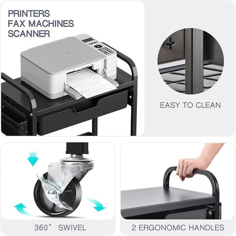 حامل طابعة متنقل من TOOLF بطبقتين تحت المكتب، عربة طابعة دوارة مع سلة تخزين ودرج منظم سطح المكتب، عربة أدوات للمكتب المنزلي ورف فاكس متعدد الأغراض مع عجلة دوارة - أسود in Kuwait