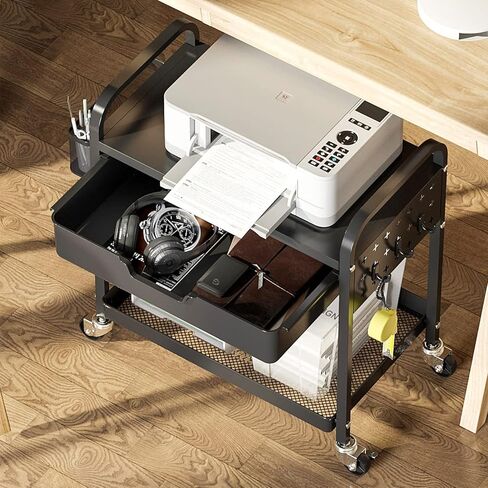 حامل طابعة متنقل من TOOLF بطبقتين تحت المكتب، عربة طابعة دوارة مع سلة تخزين ودرج منظم سطح المكتب، عربة أدوات للمكتب المنزلي ورف فاكس متعدد الأغراض مع عجلة دوارة - أسود in Kuwait