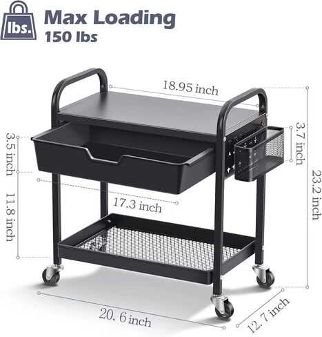 حامل طابعة متنقل من TOOLF بطبقتين تحت المكتب، عربة طابعة دوارة مع سلة تخزين ودرج منظم سطح المكتب، عربة أدوات للمكتب المنزلي ورف فاكس متعدد الأغراض مع عجلة دوارة - أسود in Kuwait