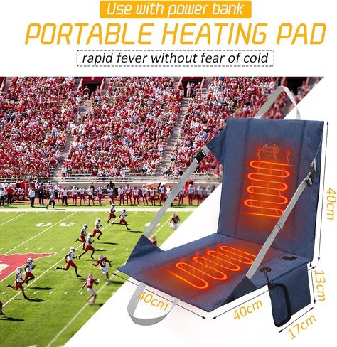 Heated Stadium Seat Cushion Pad Cordless Rechargeable 149F USB Battery Heated Bleacher Cushion Portable Heating Pad with Backrest Heating for Outdoor Camping, Fishing - 3 Heat Settings (NO Power Bank) in Saudi Arabia