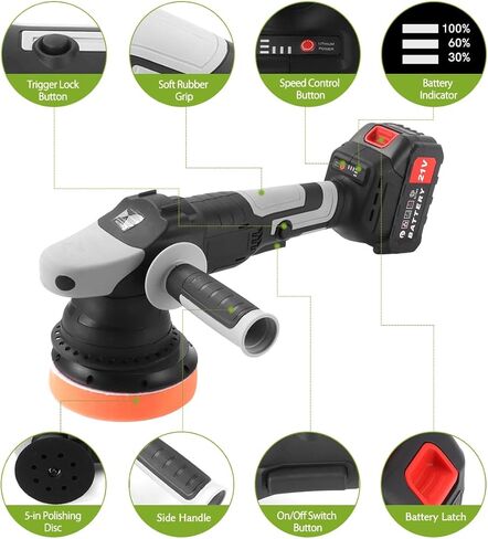 مجموعة تلميع عازلة لاسلكية، أداة تلميع لتفاصيل السيارة، آلة تلميع أوتوماتيكية محمولة مقاس 5 بوصة، 3 سرعات متغيرة مع قطعتين من البطارية ومركبي تلميع in Kuwait