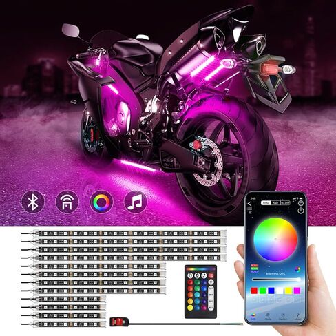 12pcs Motorcycle underglow LED Light Kit, RGB Motorcycle LED Interior Strip Lights with Music Mode, Multicolor Brake Light Function Waterproof Motorcycle Accessories - Wireless APP Control, DC 12V in Kuwait