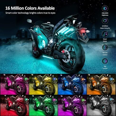 12pcs Motorcycle underglow LED Light Kit, RGB Motorcycle LED Interior Strip Lights with Music Mode, Multicolor Brake Light Function Waterproof Motorcycle Accessories - Wireless APP Control, DC 12V in Kuwait