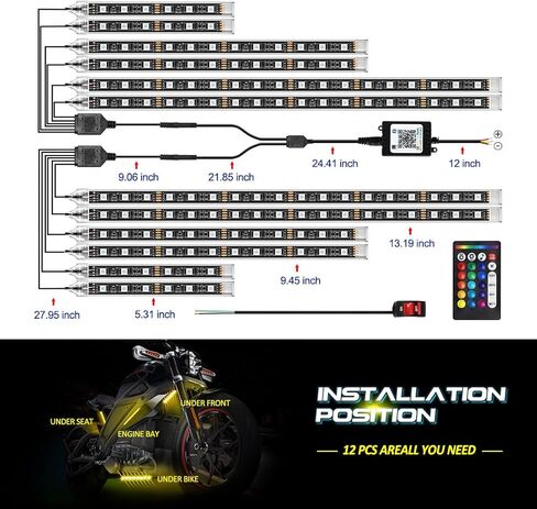 12pcs Motorcycle underglow LED Light Kit, RGB Motorcycle LED Interior Strip Lights with Music Mode, Multicolor Brake Light Function Waterproof Motorcycle Accessories - Wireless APP Control, DC 12V in Kuwait
