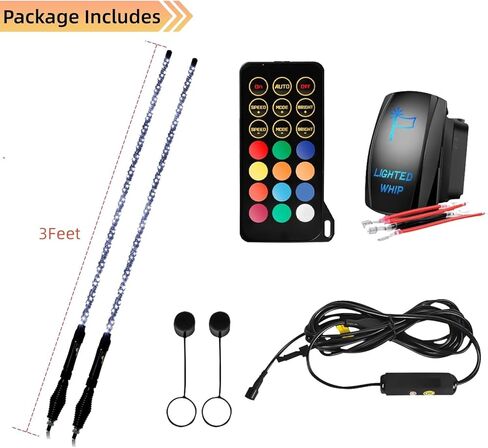 RGB LED Whip Lights, 2PCS 4FT Spiral Whip Light Chase Light with Spring Base RF Remote Control Lighted Antenna Whips Rocker Switch, Light Bar for ATV UTV Polaris Dune Buggy Offroad Truck in Kuwait