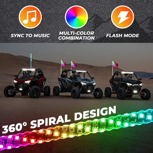 2 قطعة من أضواء السوط بطول 3 أقدام تبرز فجوات أصغر حلزونية RGB، 300 نمط فلاش، جهاز تحكم عن بعد بلوتوث، مع علم الطريق إلى الحرية لـ Can-Am ATV UTV RZR Dune Buggy Offroad in Kuwait