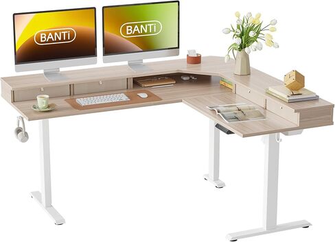BANTI مكتب قائم كهربائي على شكل حرف L، مكتب وقوف بارتفاع قابل للتعديل 48 بوصة مع حامل شاشة، مكتب مكتب منزلي للجلوس مع سطح أبيض in Kuwait