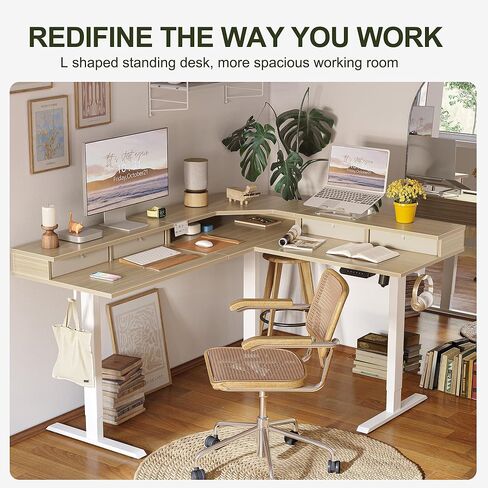 BANTI مكتب قائم كهربائي على شكل حرف L، مكتب وقوف بارتفاع قابل للتعديل 48 بوصة مع حامل شاشة، مكتب مكتب منزلي للجلوس مع سطح أبيض in Kuwait