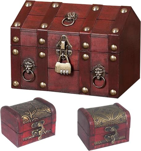 صندوق كنز القرصان الخشبي الكبير مع أقفال، صندوق مجوهرات تذكاري كبير مزخرف عتيق مع قطعتين، صندوق مجوهرات خشبي صغير لحفلة عيد الميلاد وعيد الميلاد والقراصنة in Kuwait