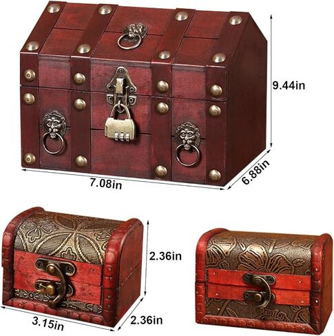 صندوق كنز القرصان الخشبي الكبير مع أقفال، صندوق مجوهرات تذكاري كبير مزخرف عتيق مع قطعتين، صندوق مجوهرات خشبي صغير لحفلة عيد الميلاد وعيد الميلاد والقراصنة in Kuwait