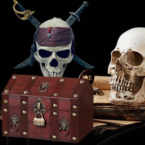 صندوق كنز القرصان الخشبي الكبير مع أقفال، صندوق مجوهرات تذكاري كبير مزخرف عتيق مع قطعتين، صندوق مجوهرات خشبي صغير لحفلة عيد الميلاد وعيد الميلاد والقراصنة in Kuwait