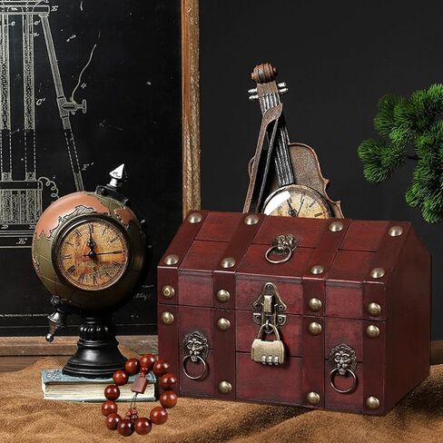 صندوق كنز القرصان الخشبي الكبير مع أقفال، صندوق مجوهرات تذكاري كبير مزخرف عتيق مع قطعتين، صندوق مجوهرات خشبي صغير لحفلة عيد الميلاد وعيد الميلاد والقراصنة in Kuwait