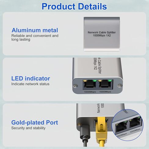 موزع إيثرنت 1 إلى 2 عالي السرعة 1000 ميجابت في الثانية، محول جيجابت إيثرنت 2 منفذ [جهازان للشبكات في وقت واحد]، موزع إنترنت موزع إيثرنت RJ45 لكابل Cat5/5e/6/7/8 in Kuwait