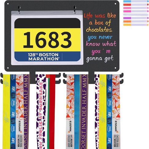Race Medal Hanger Display - Wall Mounted Running Medal Holder with Bib Holder. Hanging Medal Display, Square Design. Writable, with 8-Color Chalk Markers in Kuwait
