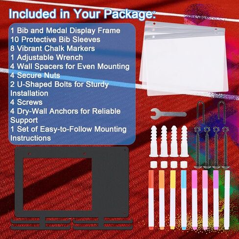 Race Medal Hanger Display - Wall Mounted Running Medal Holder with Bib Holder. Hanging Medal Display, Square Design. Writable, with 8-Color Chalk Markers in Kuwait